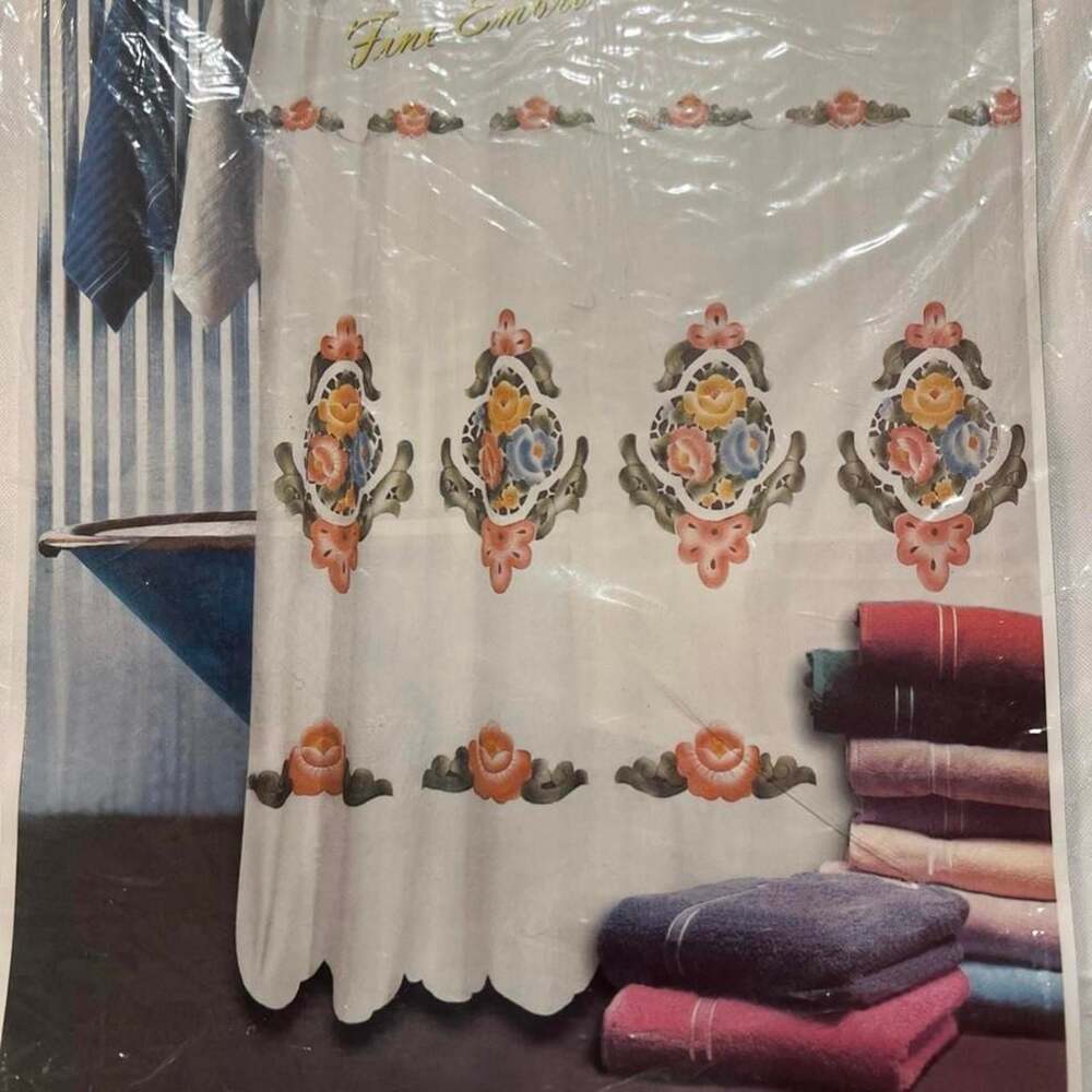 Vintage Fine Embroidered Floral Shower Curtain White 72 Inch